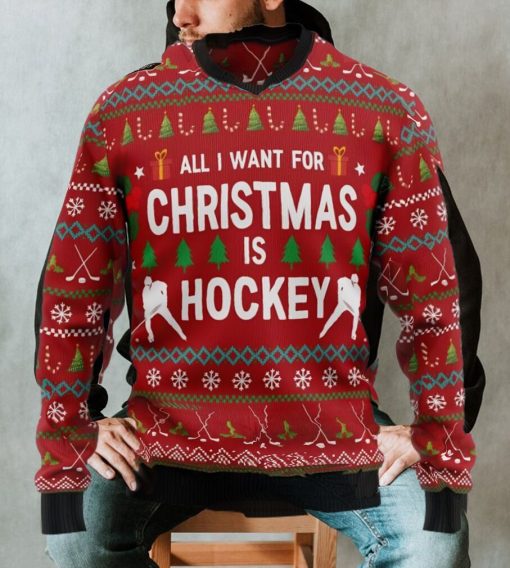 Hockey Ugly Christmas Sweater, All I Want For Christmas Is Hockey