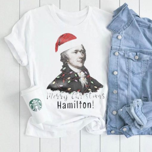 Merry Christmas Hamilton wearing santa hat shirt