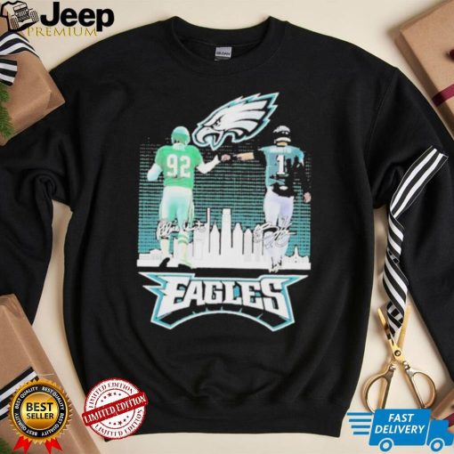 Reggie White and Jalen Hurts Philadelphia Eagles City Skyline with signatures shirt