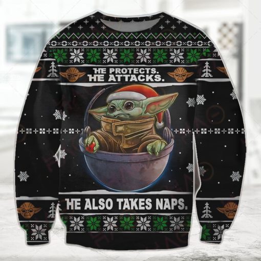 SW Christmas Ugly Sweater He Protects He Attacks He Also Takes Naps Grogu Christmas Black Sweater 2022