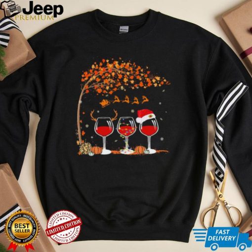 Santa Wine Glass Pumpkin Autumn Tree Christmas Shirt