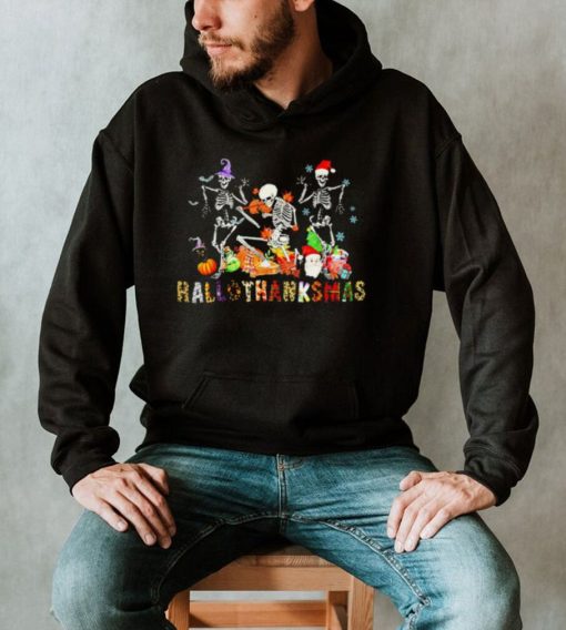 Skeleton dancing Happy Hallothanksmas Halloween with Xmas 2022 shirt