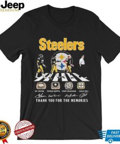 The Steelers Joe Greene Franco Harris Terry Bradshaw And Chuck Noll Abbey Road Thank You For The Memories Signatures Shirt