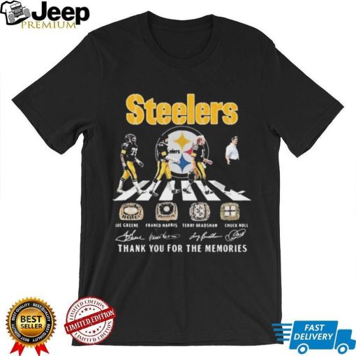 The Steelers Joe Greene Franco Harris Terry Bradshaw And Chuck Noll Abbey Road Thank You For The Memories Signatures Shirt