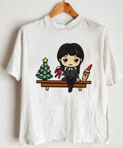 Wednesday Addams with Christmas tree on the shelf cartoon shirt