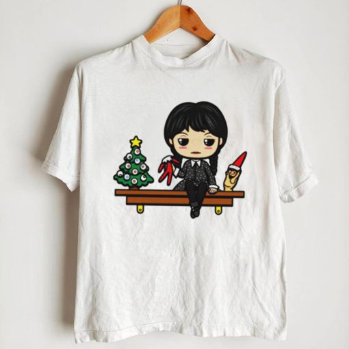 Wednesday Addams with Christmas tree on the shelf cartoon shirt