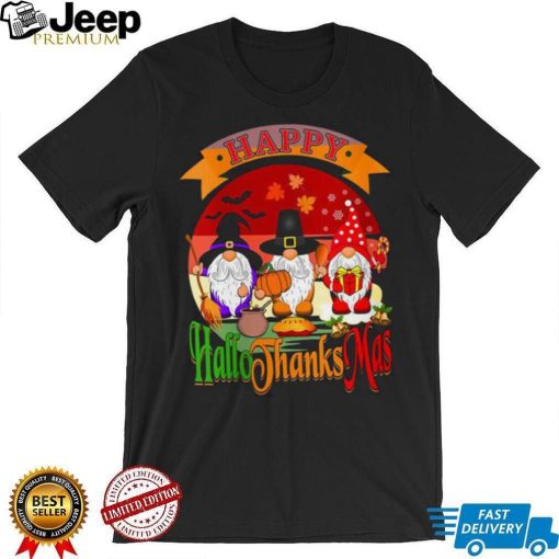 Womens Happy Hallothanksmas Gnomes Halloween Christmas Funny Thanksgiving T Shirt