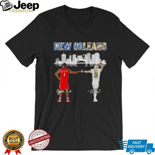 Zion Williamson and Drew Brees New Orleans city skyline signatures shirt d95564 0