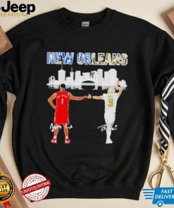 Zion Williamson and Drew Brees New Orleans city skyline with signatures shirt