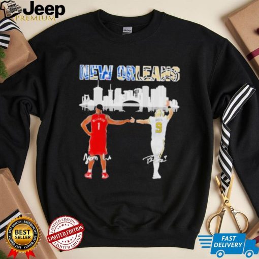 Zion Williamson and Drew Brees New Orleans city skyline with signatures shirt