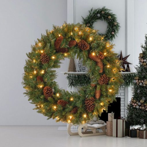 24” Warm White Pine Cone 50 Light christmas Wreath