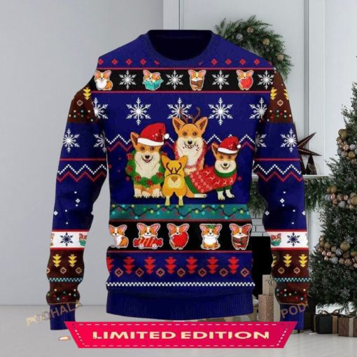 3D Corgi Cute Noel MC Christmas Blue Funny Ugly Sweater