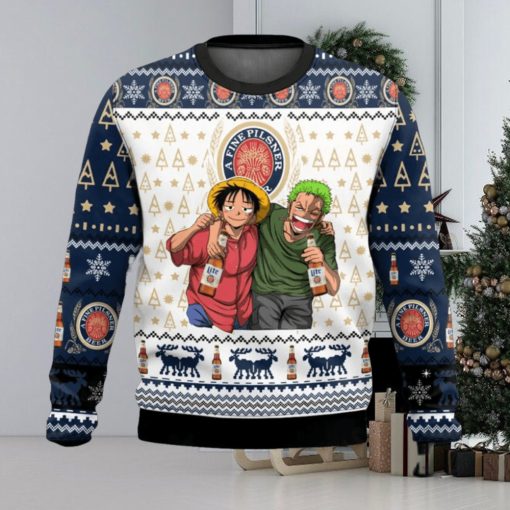 A Fine Pilsner Miller Lite x One Pice Luffy Zoro Ugly Christmas Sweater