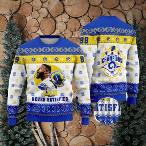 Aaron Donald Never Satisfied Los Angeles Champions 2023 Super Bowl NFL Christmas Ugly Sweater