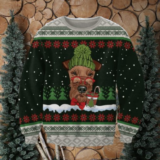 Airedale Terrier With Snow And Christmas Ugly Sweatshirt Christmas Ugly Sweater