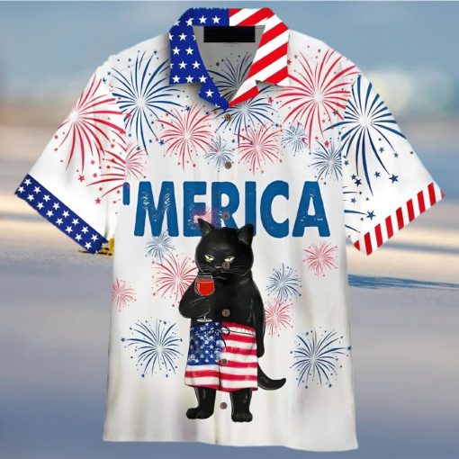 American Black Cat Drink Wine Merica Hawaiian Shirt