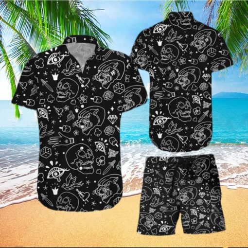 American Traditional Flash Tattoo Skull Hawaiian Shirt And Shorts