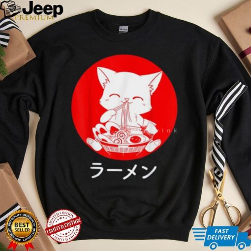 Anime Neko Girls Kawaii Cat Eating Japanese Ramen Noodles T Shirt