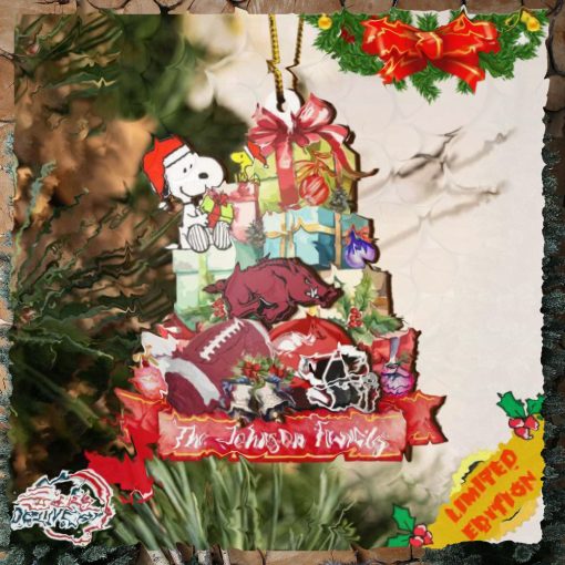 Arkansas Razorbacks And Snoopy Christmas NCAA Ornament Custom Your Family Name