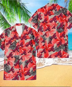 Atlanta Braves Red Hibiscus Gray Leaf Gainsboro Background 3D Hawaiian Shirt Gift For Fans