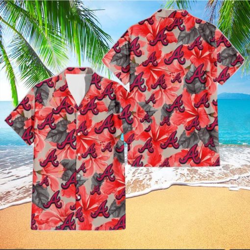 Atlanta Braves Red Hibiscus Gray Leaf Gainsboro Background 3D Hawaiian Shirt Gift For Fans