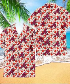 Atlanta Braves Tiny Red Hibiscus Green Leaf White Cube Background 3D Hawaiian Shirt Gift For Fans