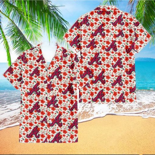 Atlanta Braves Tiny Red Hibiscus Green Leaf White Cube Background 3D Hawaiian Shirt Gift For Fans