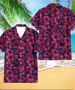 Atlanta Braves Violet Red Blue Leaf Black Background 3D Hawaiian Shirt Gift For Fans