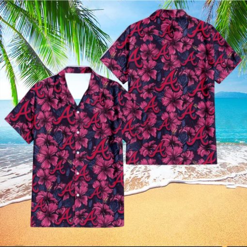 Atlanta Braves Violet Red Blue Leaf Black Background 3D Hawaiian Shirt Gift For Fans