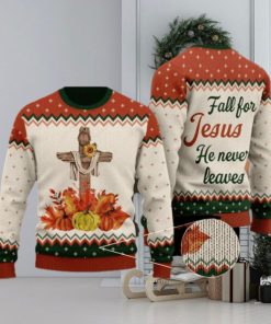 Autumn Pumpkin Floral Cross Wool Knitted Pattern Fall For Christ He Never Leaves Ugly Sweater