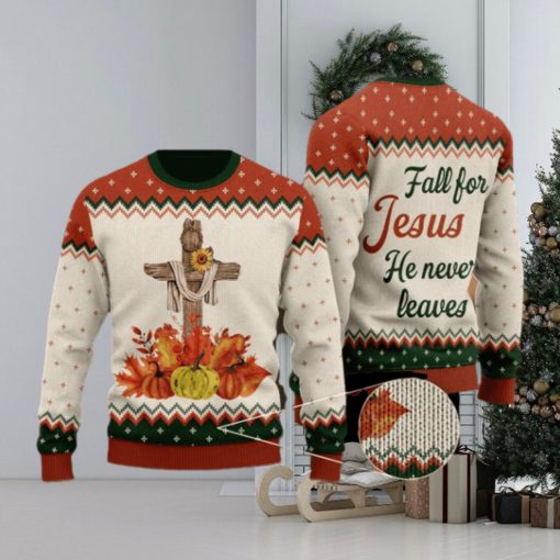 Autumn Pumpkin Floral Cross Wool Knitted Pattern Fall For Christ He Never Leaves Ugly Sweater