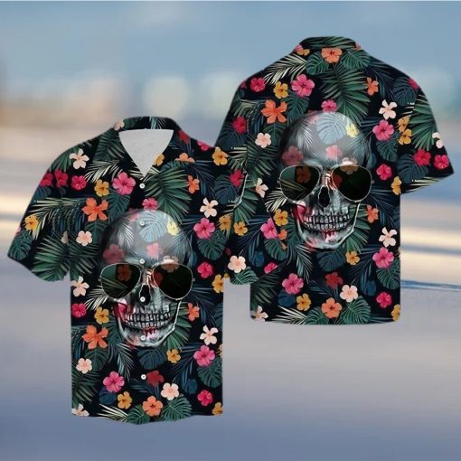 BEACH SHIRT GET NOW FLORAL FUNNY SKULL WEARING SUN GLASSES TROPICAL HAWAIIAN ALOHA SHIRT