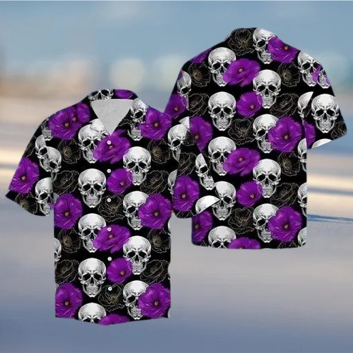 BEACH SHIRT GET NOW SKULL WITH PURPLE FLOWER HAWAIIAN ALOHA SHIRTd