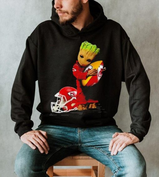 Baby Groot hugging Kansas City Chiefs shirt