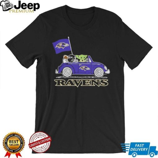 Baby Yoda Drive A Car Baltimore Ravens Football Flag Logo Shirt