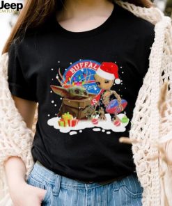 Baby Yoda Reindeer And Santa Groot Hug Buffalo Bills Christmas Light Shirt