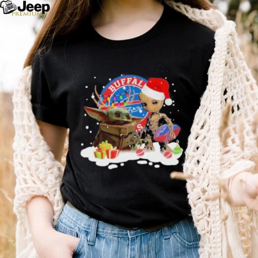 Baby Yoda Reindeer And Santa Groot Hug Buffalo Bills Christmas Light Shirt