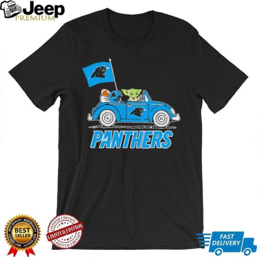 Baby Yoda drive a car Carolina Panthers football flag logo shirt