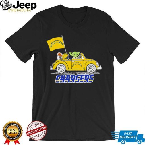 Baby Yoda drive a car Los Angeles Chargers football flag logo shirt