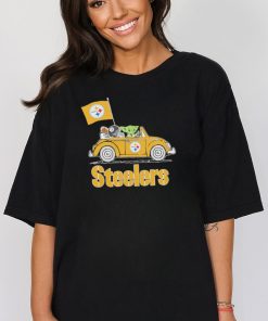 Baby Yoda drive a car Pittsburgh Steelers football flag logo fans shirt