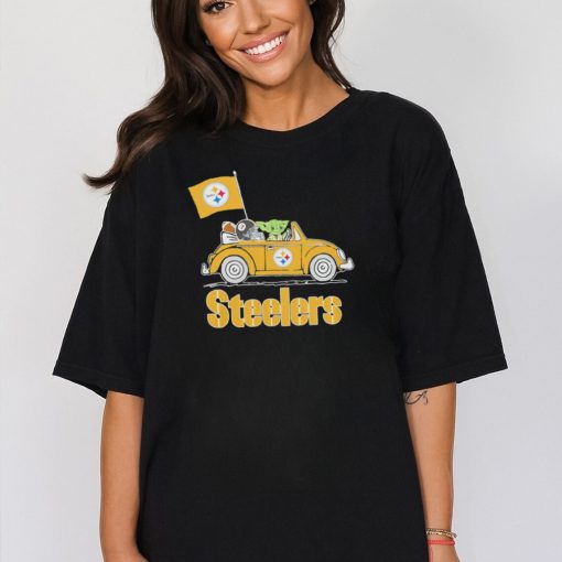 Baby Yoda drive a car Pittsburgh Steelers football flag logo fans shirt