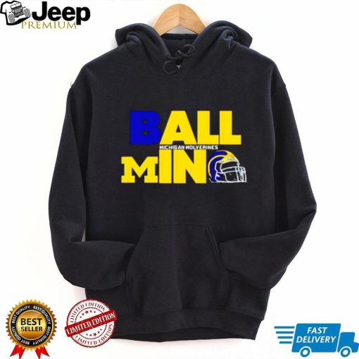 Ball in Michigan Wolverines logo helmet shirt