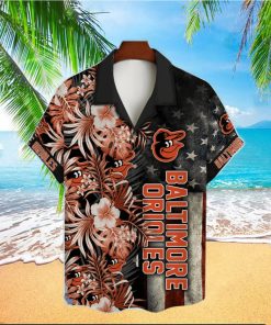 Baltimore Orioles Hibiscus Flower American Flag Pattern Black Hawaiian Shirt