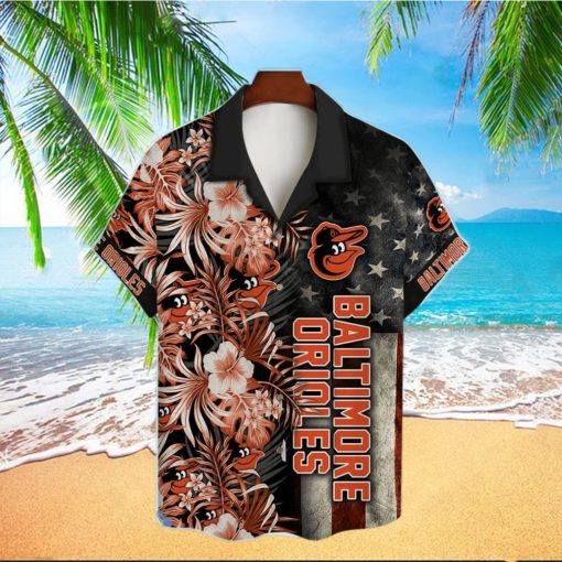 Baltimore Orioles Hibiscus Flower American Flag Pattern Black Hawaiian Shirt