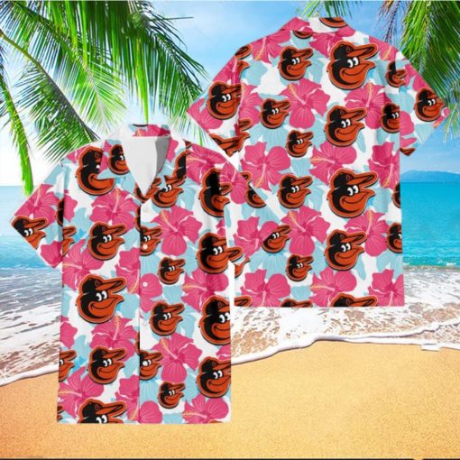 Baltimore Orioles Pink Blue Hibiscus White Background 3D Hawaiian Shirt