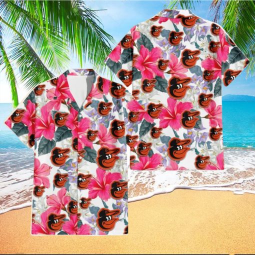 Baltimore Orioles Pink Hibiscus White Orchid White Background 3D Hawaiian Shirt