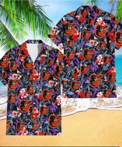 Baltimore Orioles Red Hibiscus Caro Black Background 3D Hawaiian Shirt