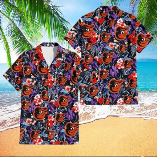 Baltimore Orioles Red Hibiscus Caro Black Background 3D Hawaiian Shirt