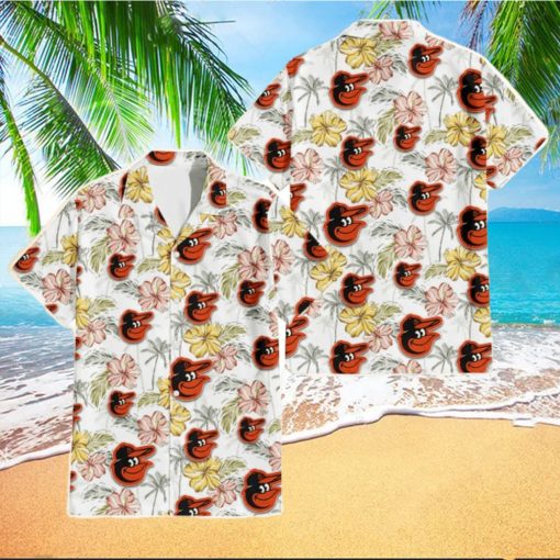 Baltimore Orioles Sketch Red Yellow Coconut Tree White Background 3D Hawaiian Shirt