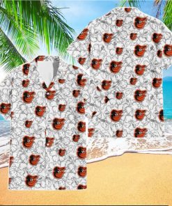 Baltimore Orioles White Sketch Hibiscus Pattern White Background 3D Hawaiian Shirt